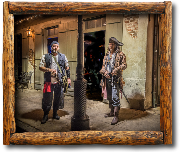 Pirates standing in front of a haunted bar on Bourbon Street