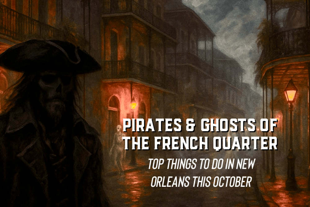 Dark street scene with a pirate and text promoting French Quarter events in New Orleans.
