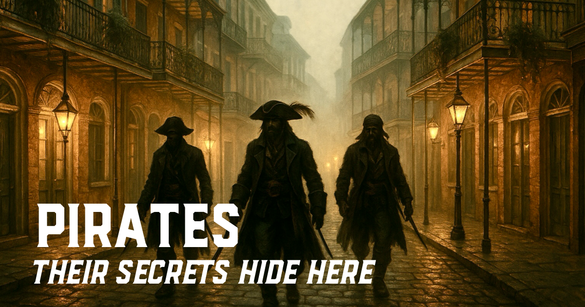Pirates-alley-new-orleans Three pirates walking through a foggy old street at night with text: Pirates, Their Secrets Hide Here.