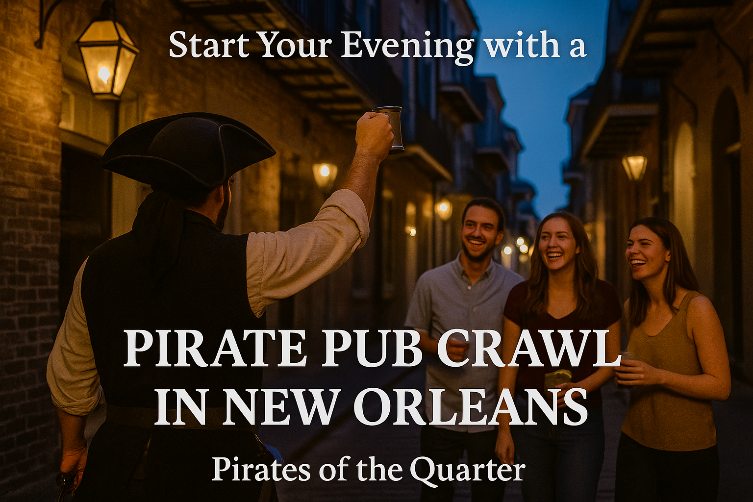 People enjoy a pirate-themed pub crawl in a dimly lit street in New Orleans.