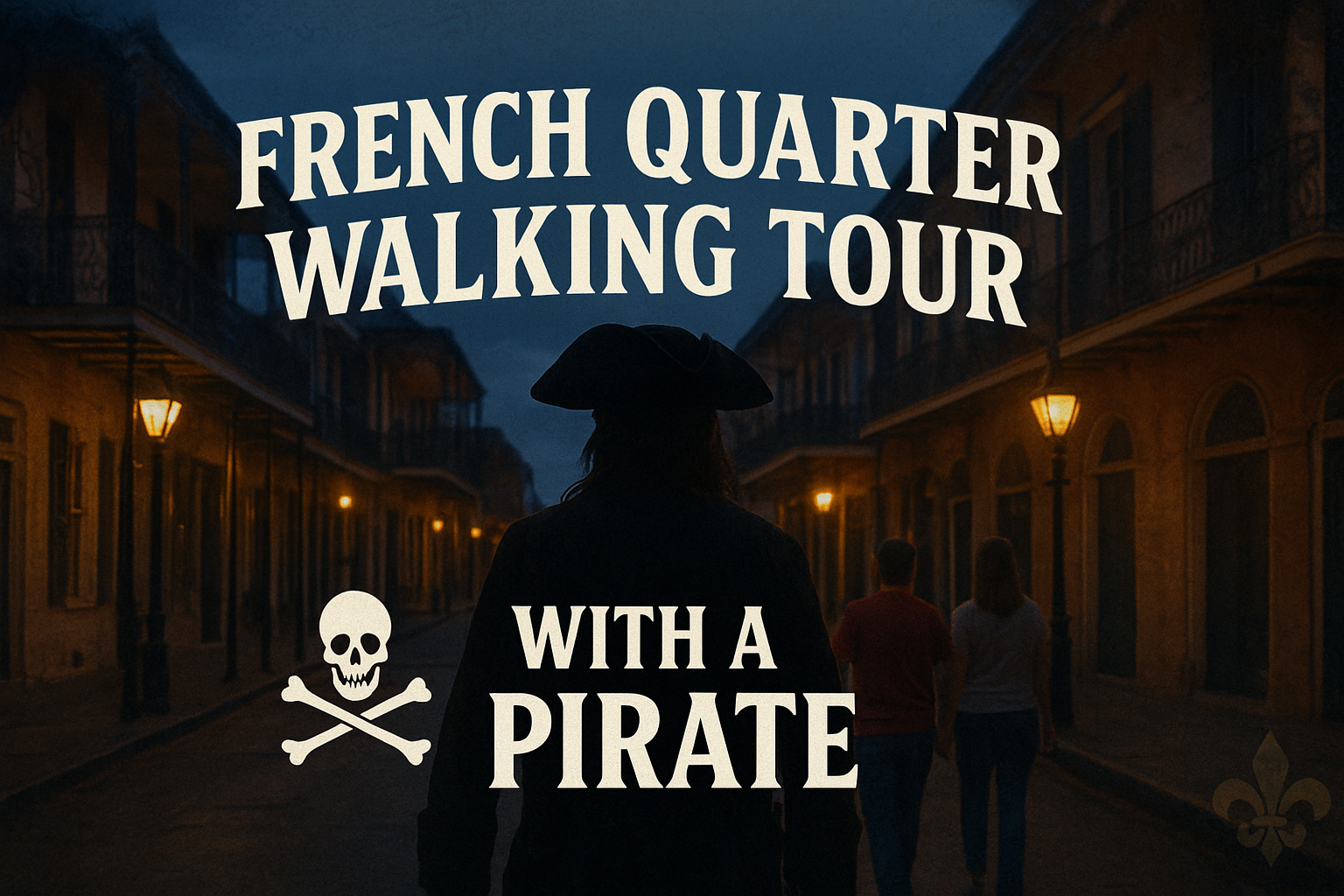french-quarter-pirate-walking-tour-new-orleans Silhouette of a pirate in front of 'French Quarter Walking Tour with a Pirate' text, with lampposts on a street.