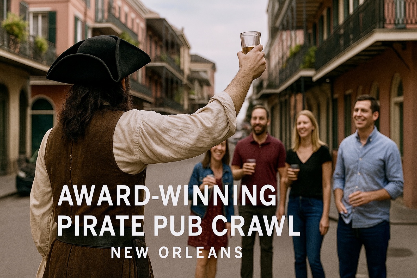 pirates-of-the-quarter-pub-crawl-french-quarter-new-orleans Pirate in New Orleans toasting with glass during a pub crawl. Group of smiling people in background.