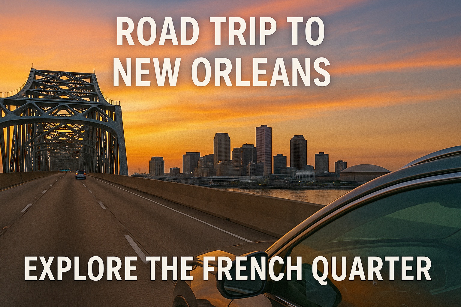 road-trip-to-new-orleans-french-quarter-2 Car on bridge towards New Orleans skyline at sunset with text: Road Trip to New Orleans, Explore the French Quarter.
