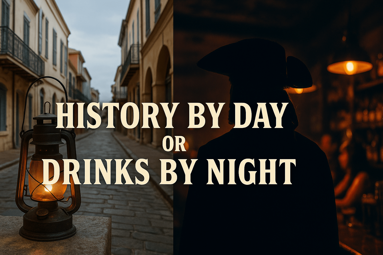 Daytime pirate lantern and nighttime bar scene with pirate silhouette.