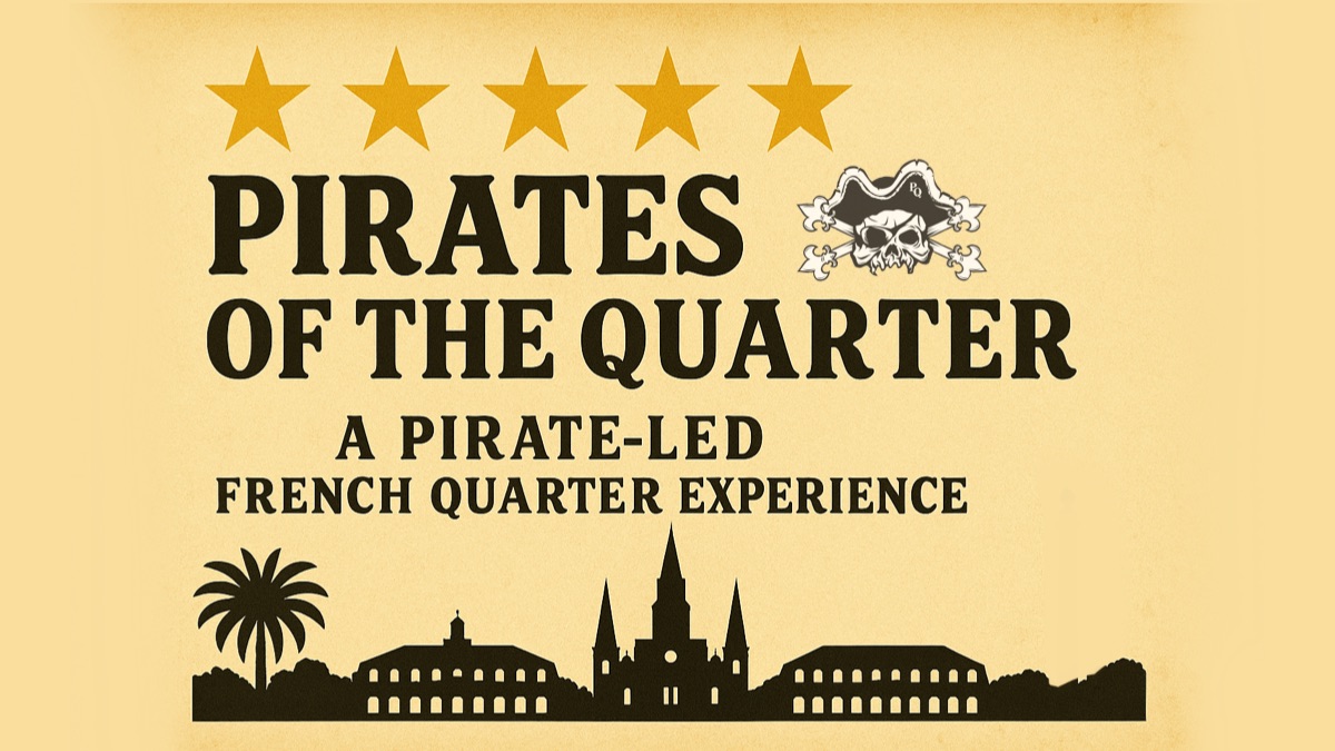Pirates of the Quarter logo with skull, five stars, and silhouettes of buildings.