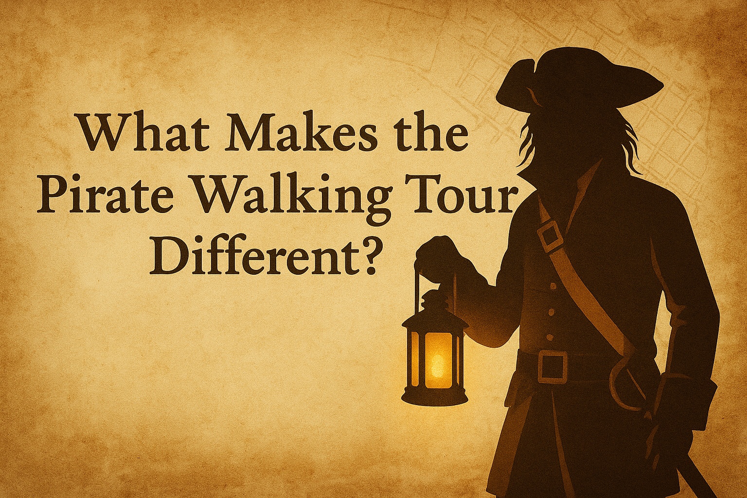 Silhouette of pirate with lantern; text asks about unique aspects of pirate walking tour on parchment background.