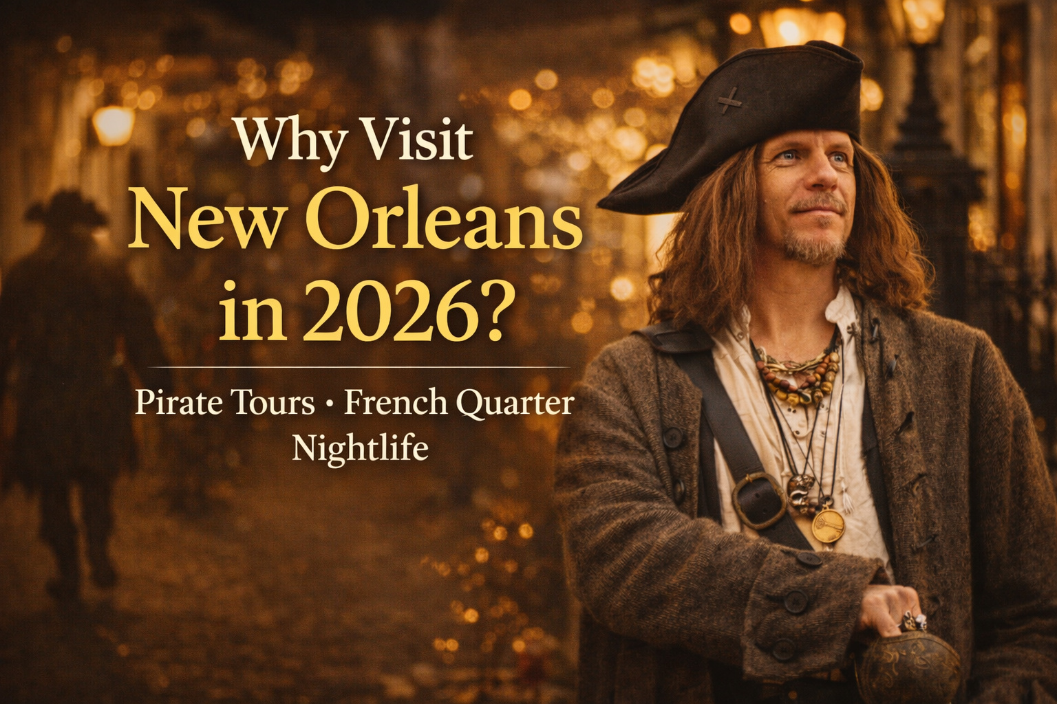 Person in pirate costume with text: Why Visit New Orleans in 2026? Pirate Tours, French Quarter, Nightlife.