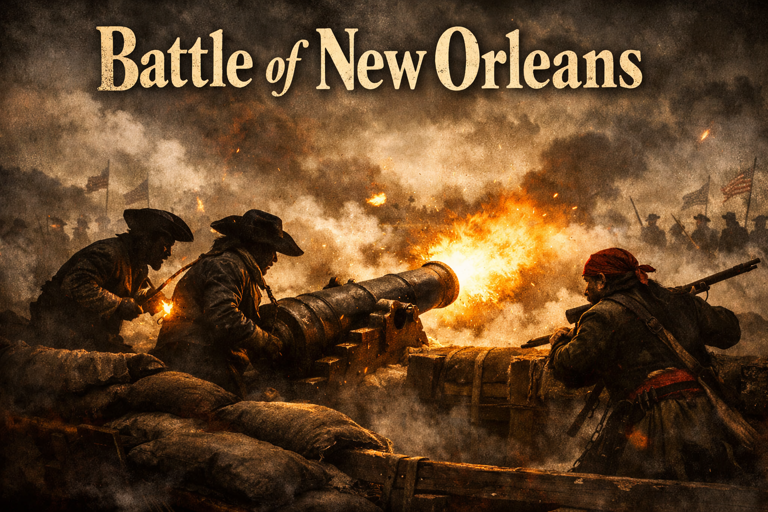 Historical battle scene with cannon fire and soldiers during the Battle of New Orleans.