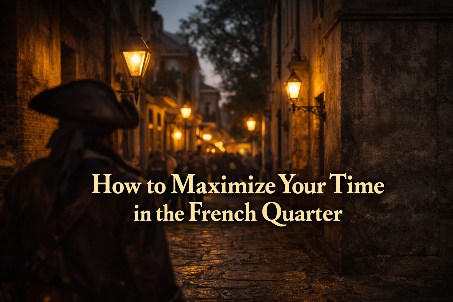 French Quarter tour showing a historic New Orleans street at dusk, with a shadowy pirate figure highlighting a guided walking tour experience
