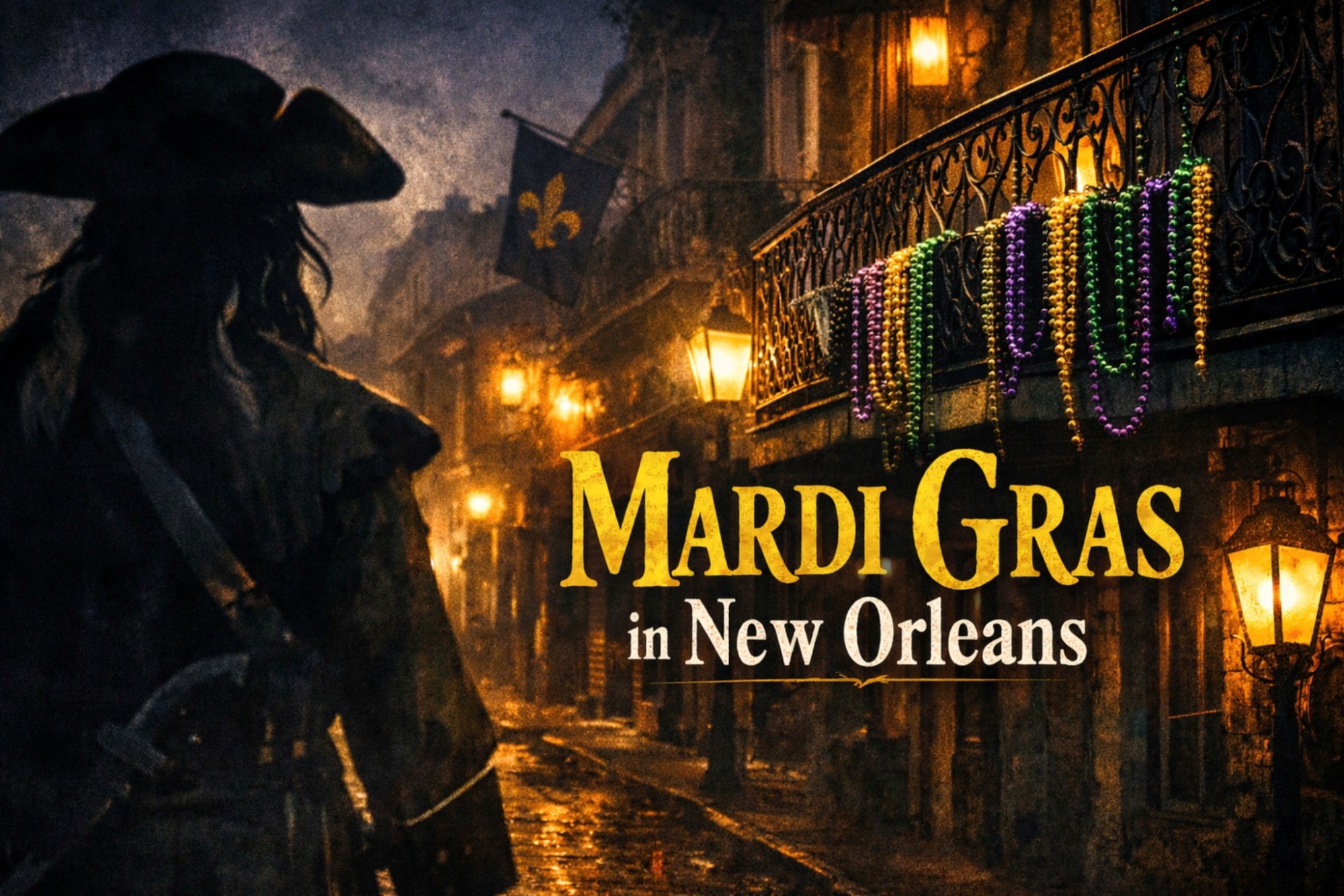 Mardi Gras in New Orleans with historic French Quarter street, beads, and pirate silhouette during Carnival season