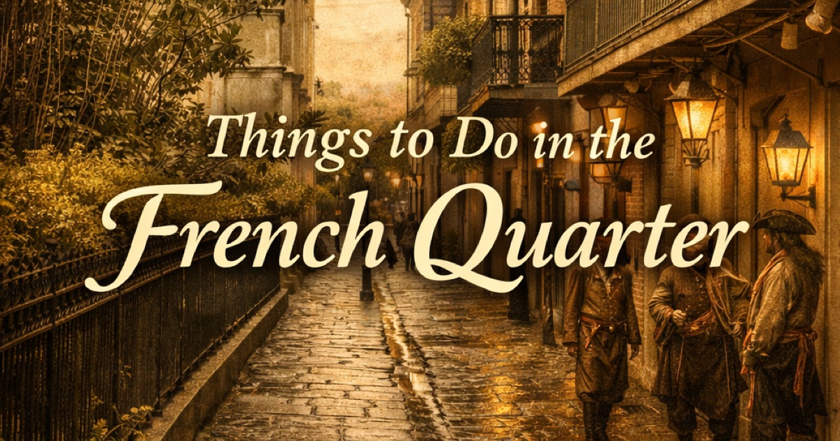 Narrow street in French Quarter with lantern lights and old-style dressed figures.