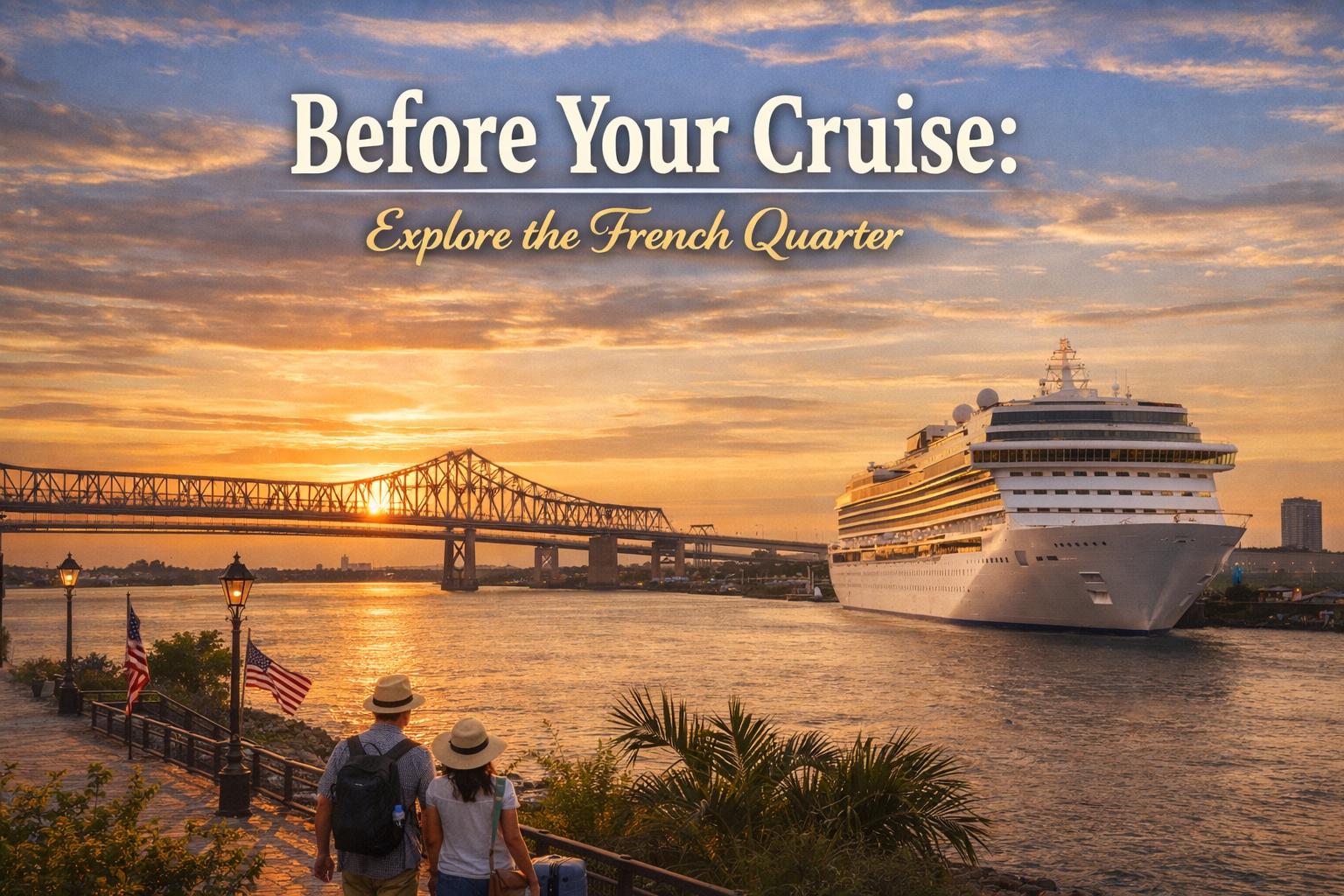 Couple walking along the Mississippi River near a cruise ship and the Greater New Orleans Bridge before departing on a cruise from New Orleans