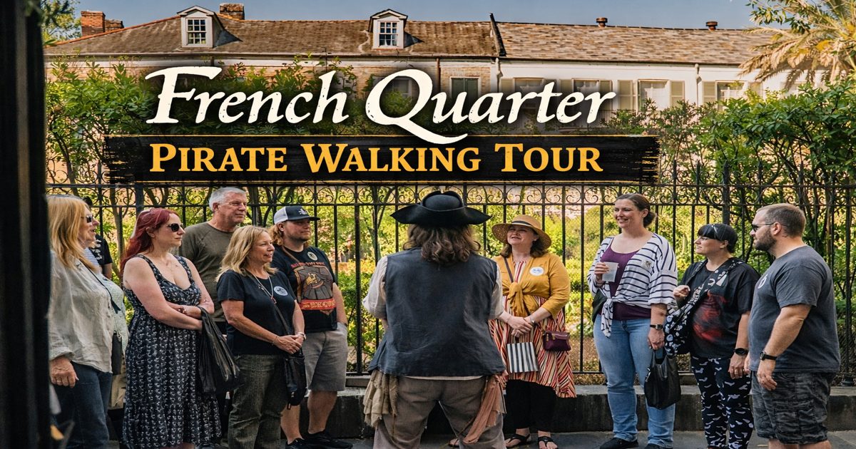 French Quarter pirate walking tour guide leading visitors near Pirates Alley in New Orleans