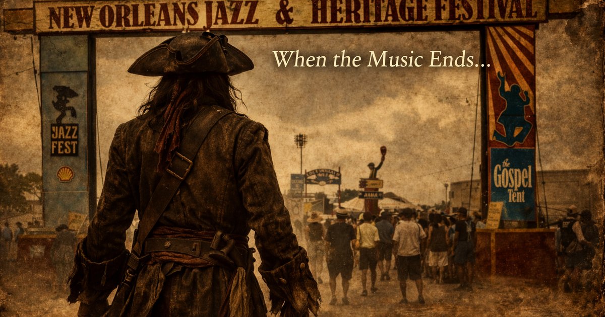 Pirate entering New Orleans Jazz Fest with text “When the Music Ends” promoting French Quarter tours and pub crawls