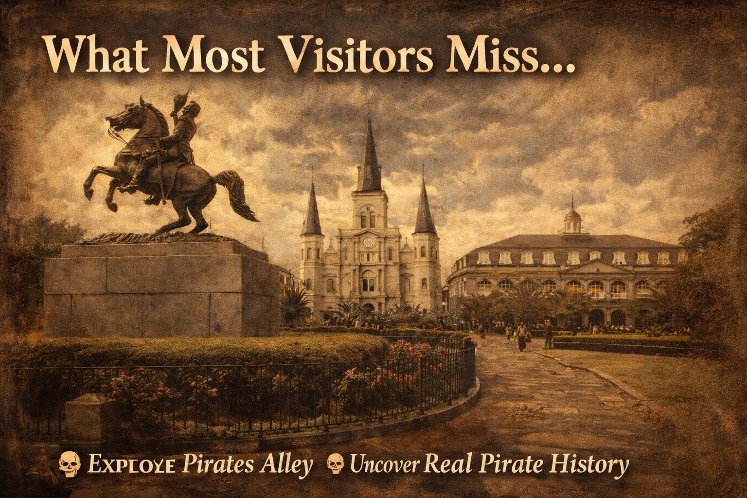Vintage-style poster of Jackson Square with a horse statue and cathedral.