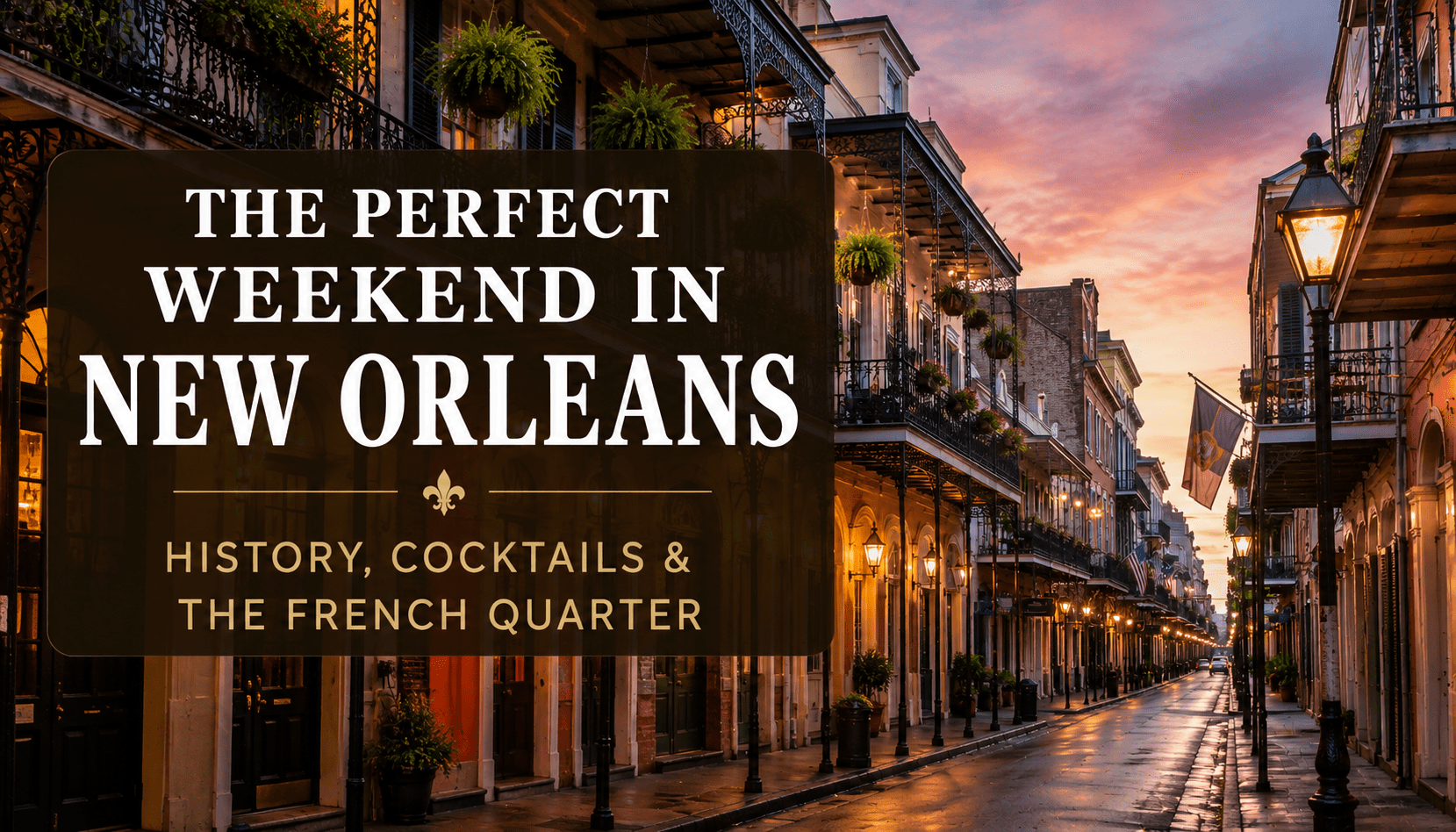 Street scene of New Orleans at sunset with text promoting history and cocktails.