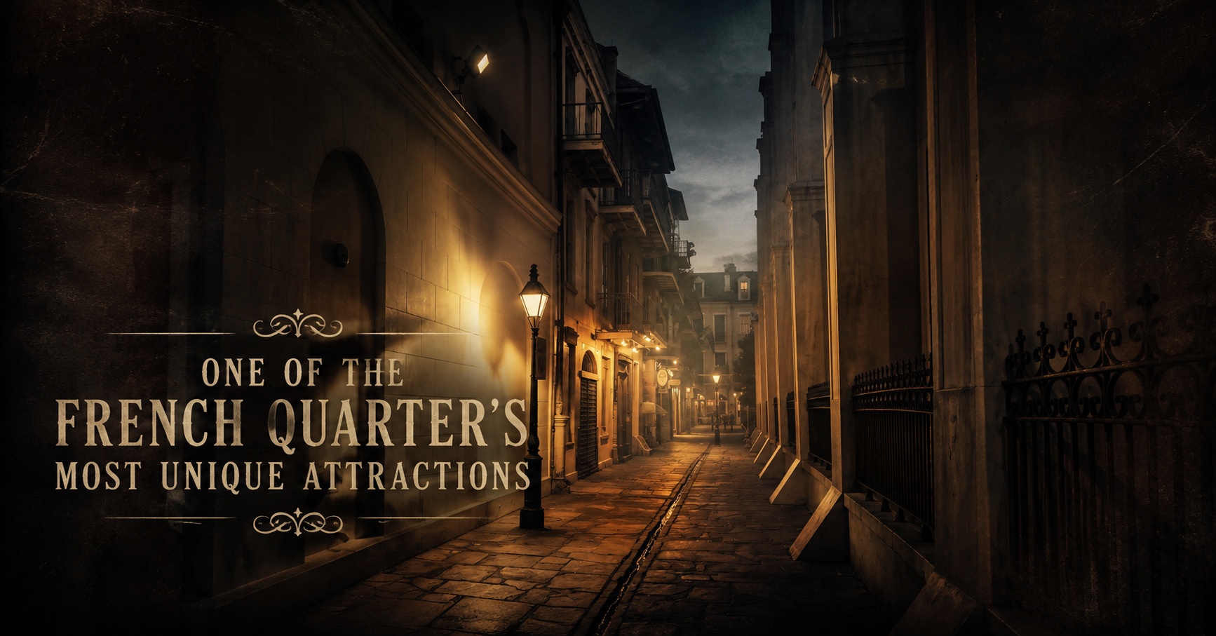 Historic Pirates Alley in the French Quarter at dusk with warm lantern light and a mysterious atmosphere, one of New Orleans' most unique attractions.