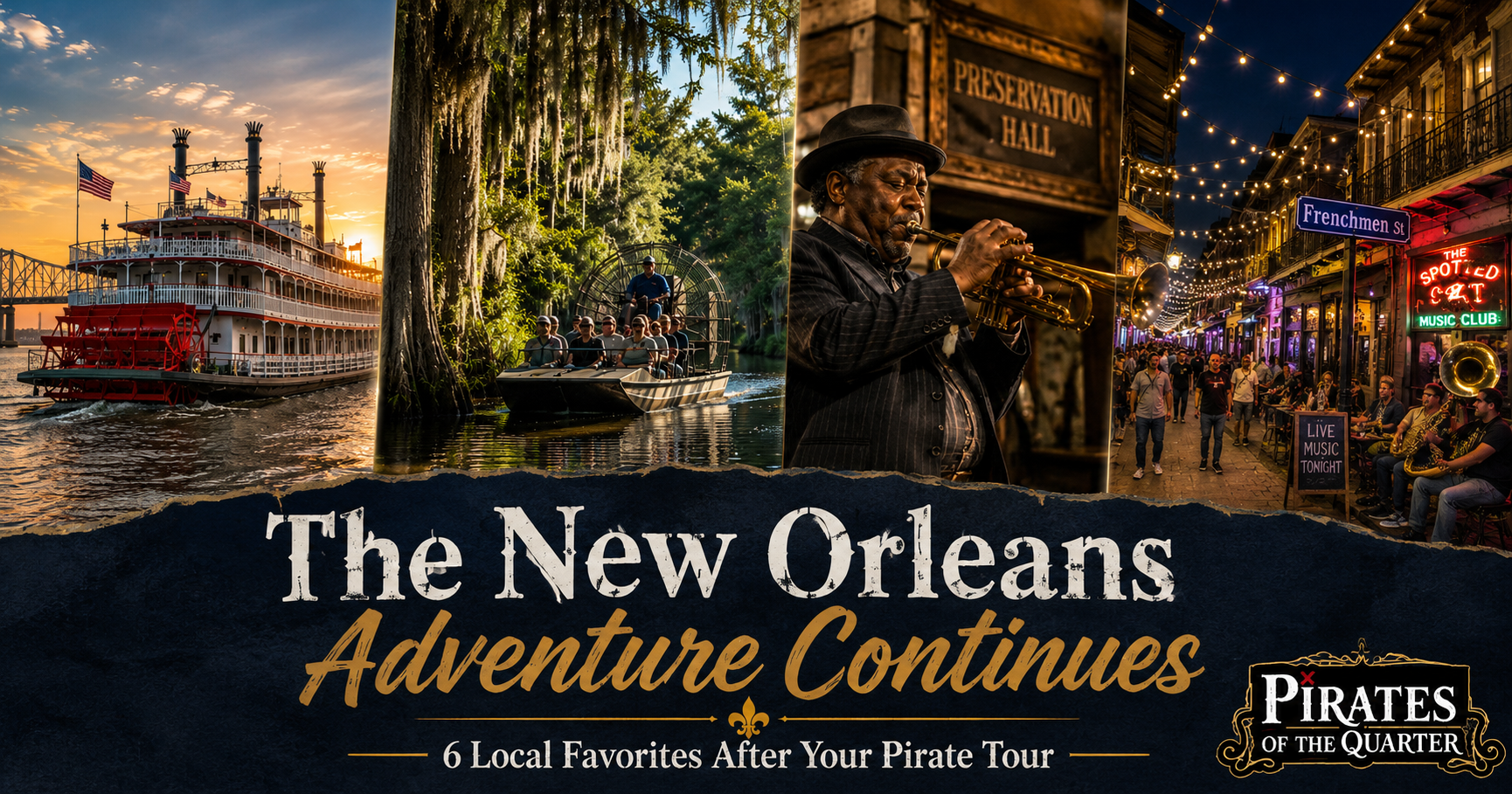 Paddlewheel riverboat, Louisiana swamp tour, Preservation Hall jazz musician, and Frenchmen Street nightlife in New Orleans.