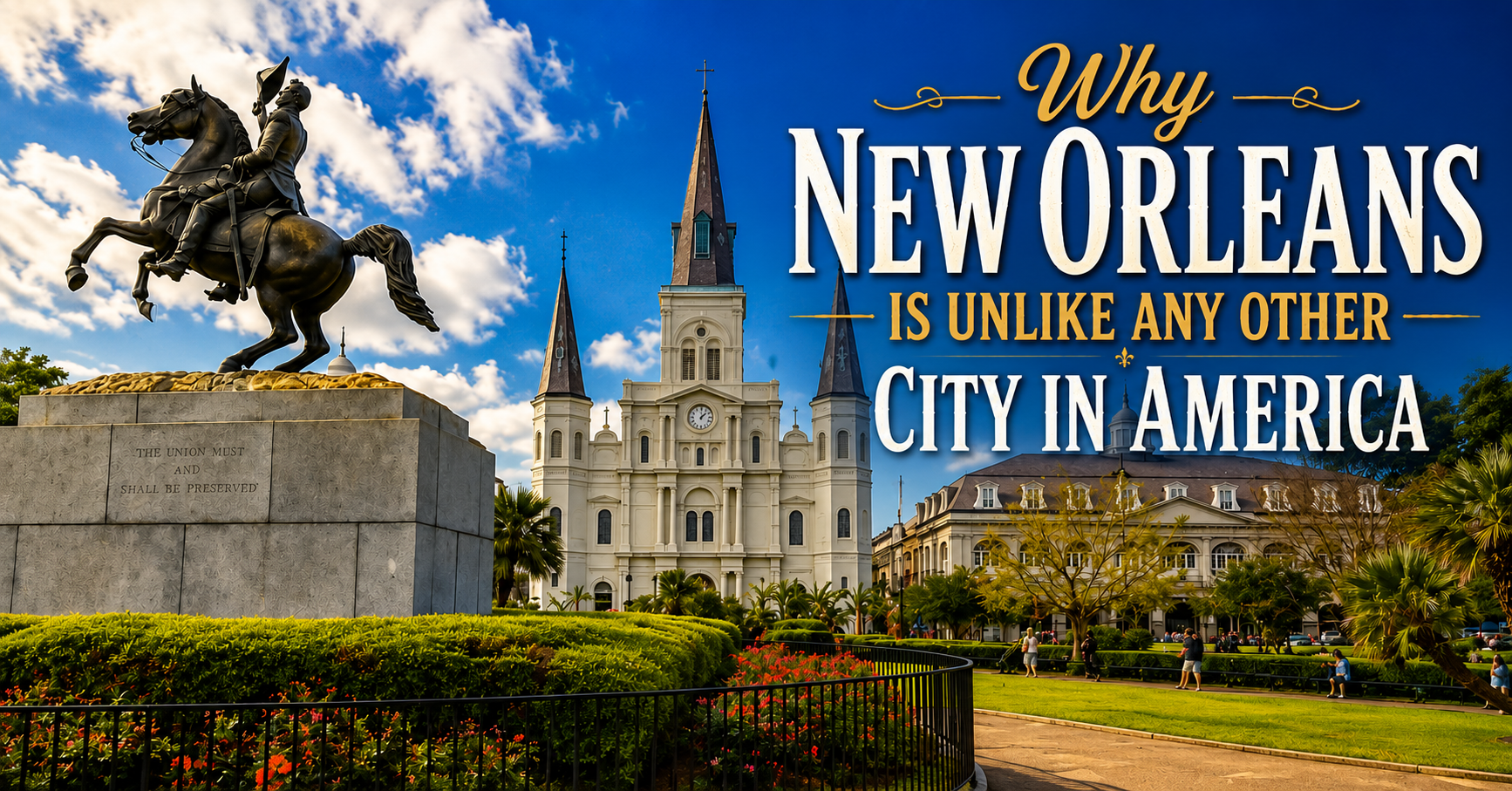 Jackson Square and St. Louis Cathedral in the French Quarter, New Orleans, illustrating why the city is unlike any other in America.
