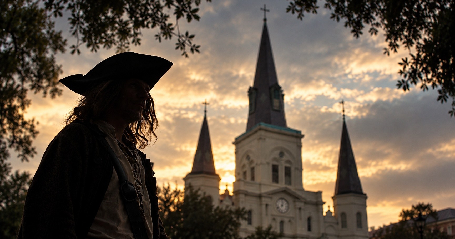 Pirate in the French Quarter representing the dark history of New Orleans