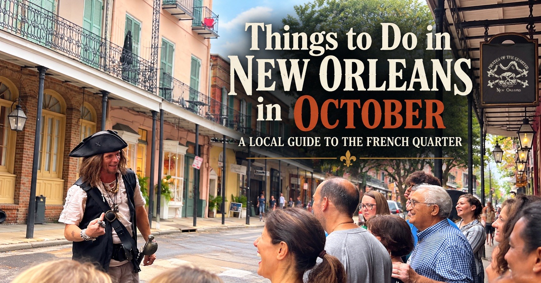 Pirate tour guide with visitors in the French Quarter during October in New Orleans